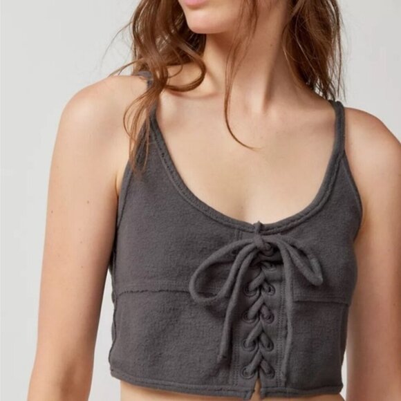 NWT UO Out From Under Jayce Washed Black Lace Up Lounge Tank Top - Picture 2 of 6